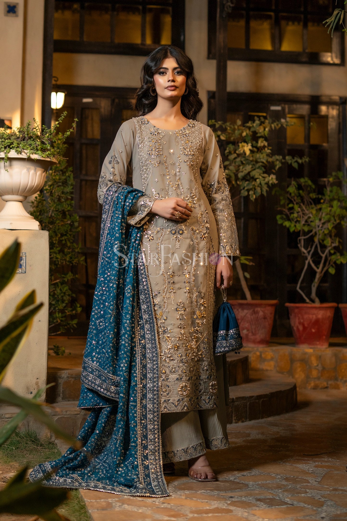 Grey Embroidered Net Luxury Pret Suit with Chiffon Dupatta