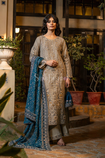 Grey Embroidered Net Luxury Pret Suit with Chiffon Dupatta