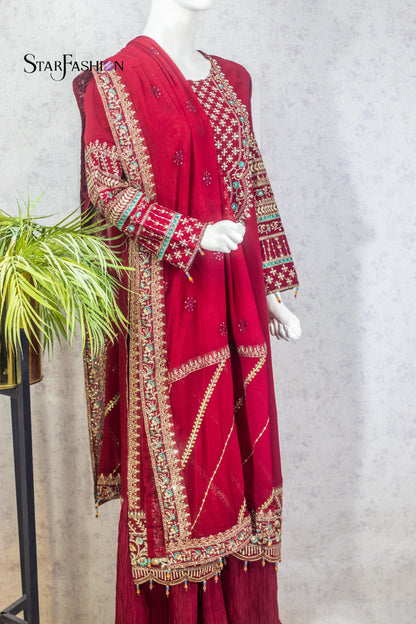 Maroon Color Embroidered Silk 3-Piece Dress