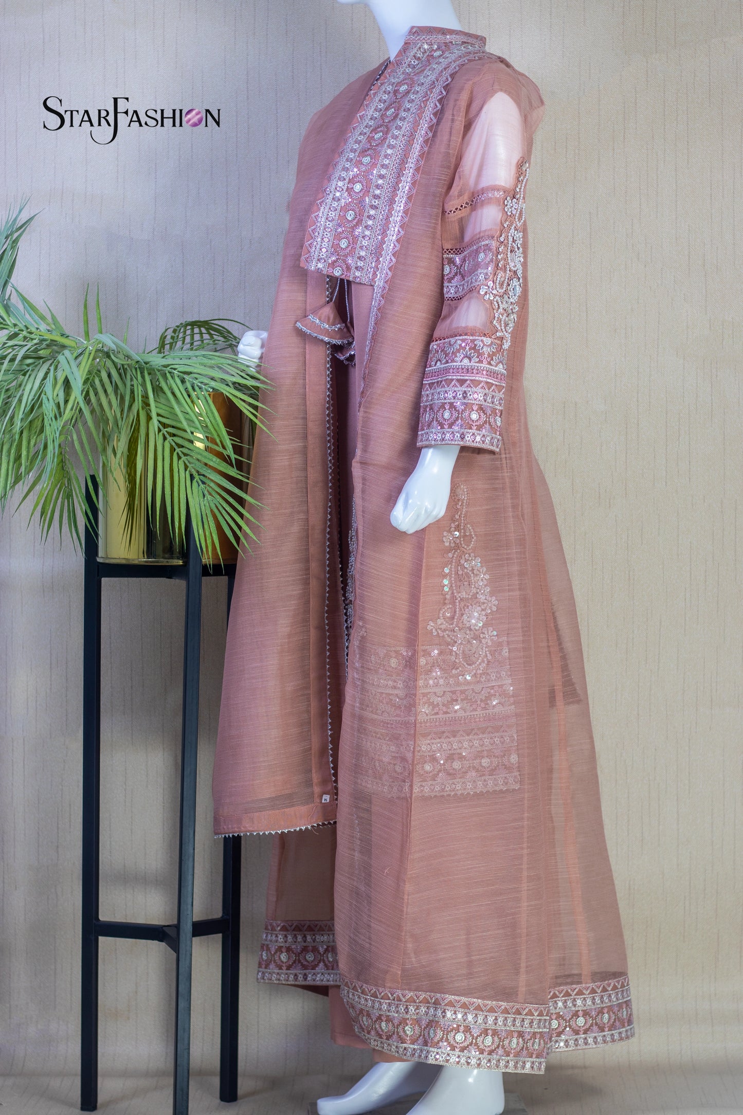 Iridescent Silk Waistcoat-Style Outfit with Chiffon Dupatta