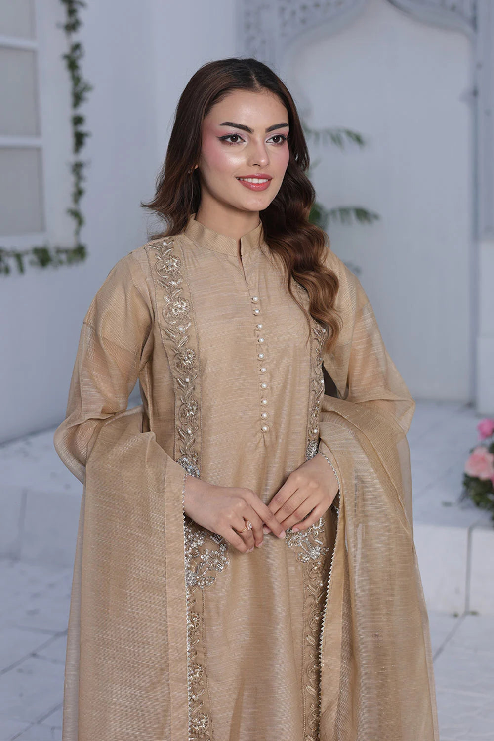 Embroidered Tan Brown A-Line Organza Net Kurta Set with Raw Silk Shalwar & Organza Dupatta