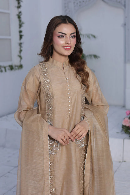 Embroidered Tan Brown A-Line Organza Net Kurta Set with Raw Silk Shalwar & Organza Dupatta