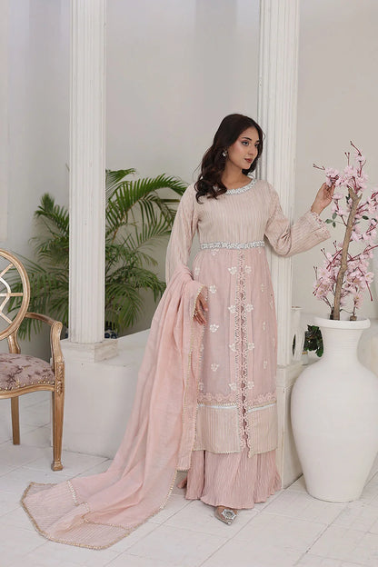 Embroidered Gown Style Chiffon Suit with Net Dupatta