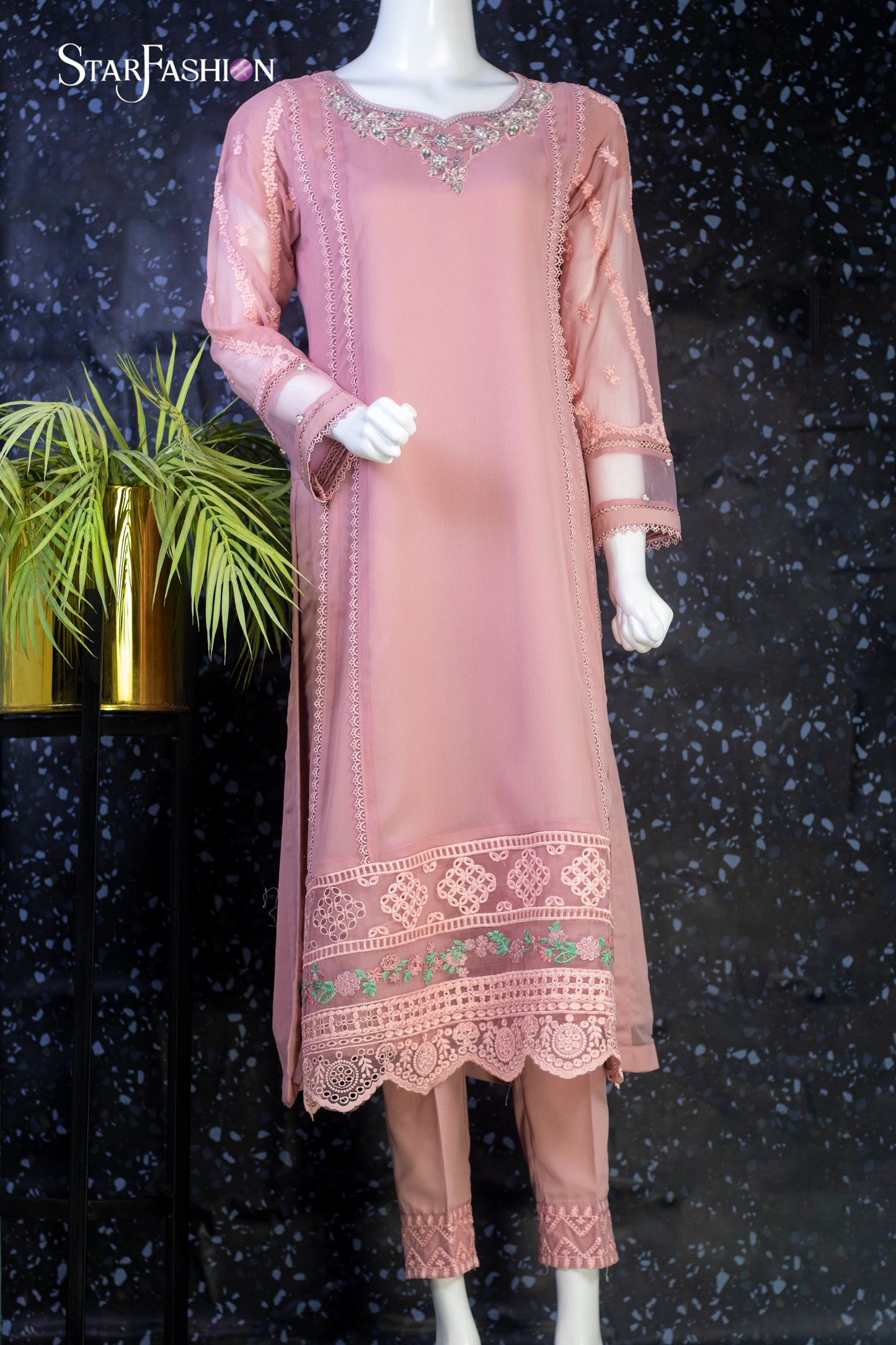 Elegant Straight Chiffon Ensemble with Grip-Style Trouser & Dupatta