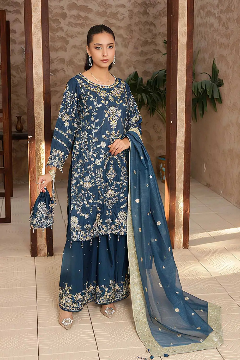 Embroidered Straight-Cut Raw Silk Kurta Set with Gharara & Khaddi Net Dupatta