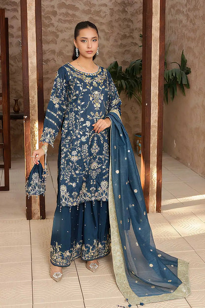 Embroidered Straight-Cut Raw Silk Kurta Set with Gharara & Khaddi Net Dupatta