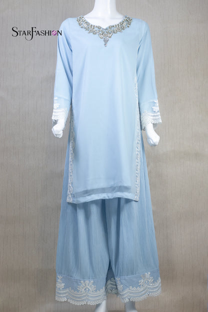 IceBlue Stitched luxury Chiffon Short Shirt with Long Embroidered Dupatta and Crinkle Silk Plazo