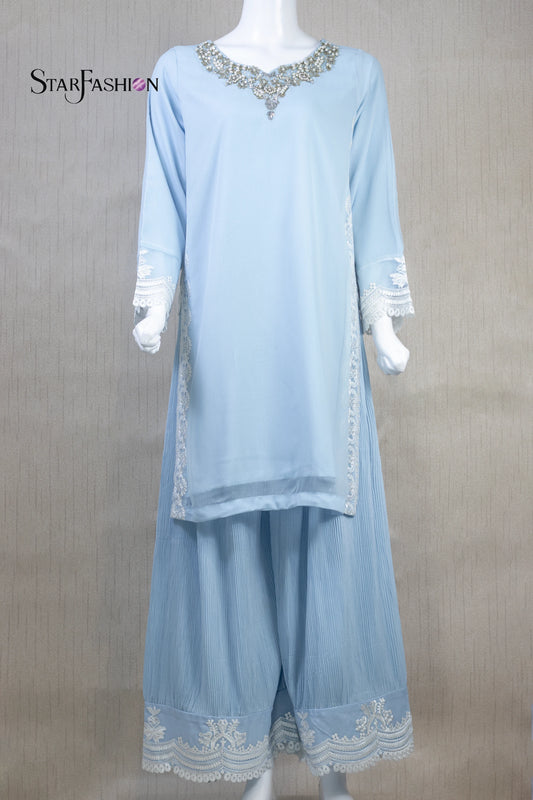 IceBlue Stitched luxury Chiffon Short Shirt with Long Embroidered Dupatta and Crinkle Silk Plazo