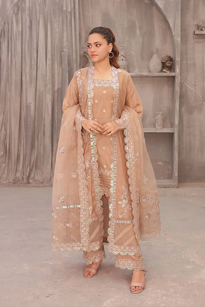 "Designer coral pink embroidered 4‑piece stitched suit with organza dupatta – festive wear"