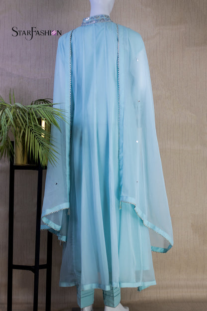Iridescent Chiffon Ensemble with Silk Trouser & Dupatta