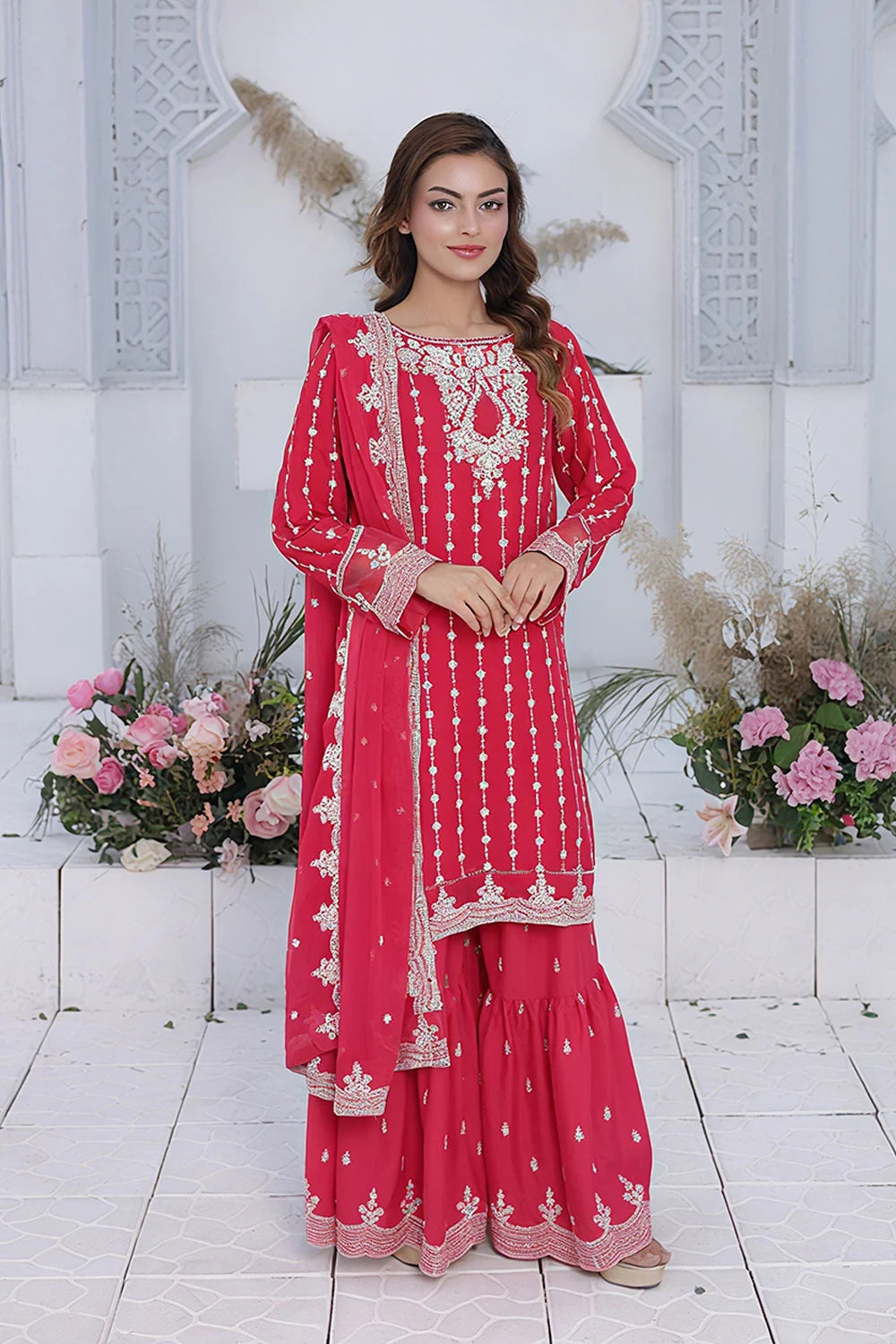 Embroidered Watermelon Kurti Set with Straight-Leg Gharara & Crinkle Chiffon Dupatta