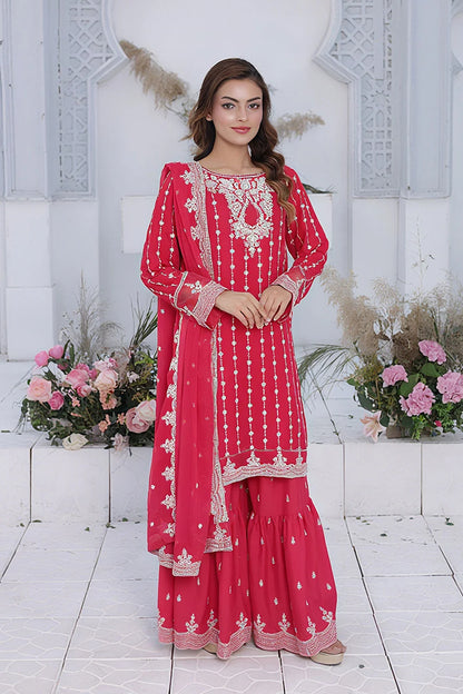 Embroidered Watermelon Kurti Set with Straight-Leg Gharara & Crinkle Chiffon Dupatta