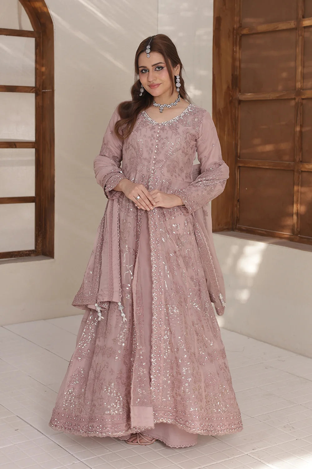 Embroidered Chiffon Maxi Dress Set with Silk Plazzo M / Pink