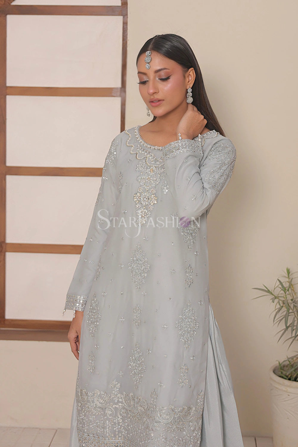 Embroidered Bemberg Crinkle Chiffon Kurta Set with Wide-Leg Sharara & Crinkle Chiffon Dupatta