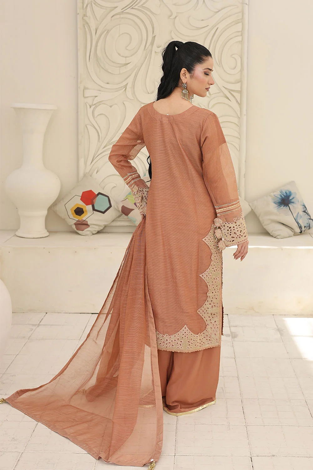 Embroidered Khaddi Net Kurta Set with Plazzo & Dupatta