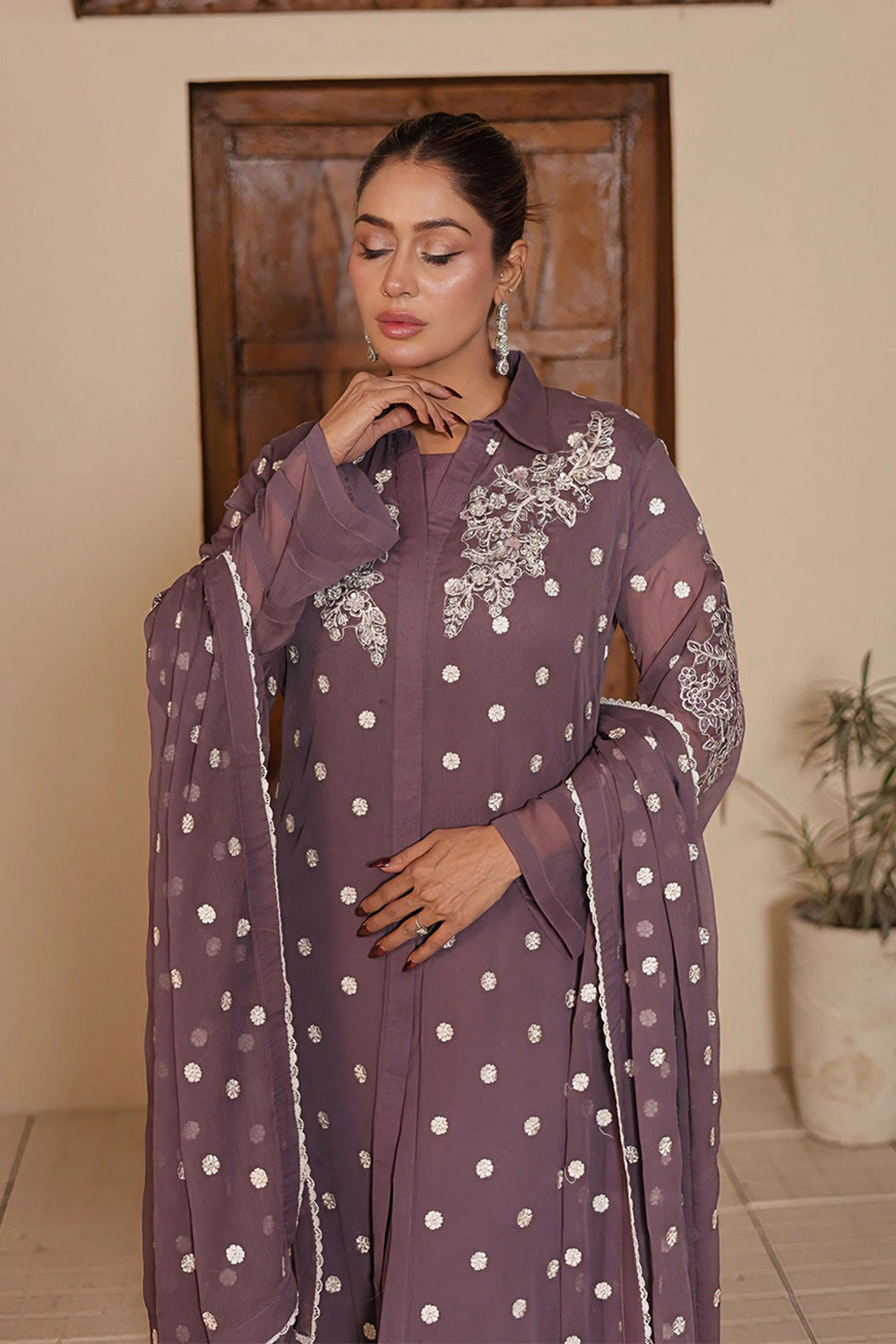 Dusty Mauve Chiffon Gown with Malai Silk Trouser & Embroidered Dupatta