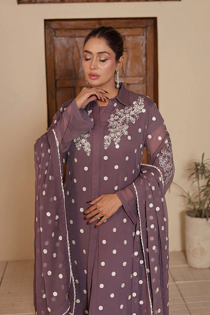 Dusty Mauve Chiffon Gown with Malai Silk Trouser & Embroidered Dupatta