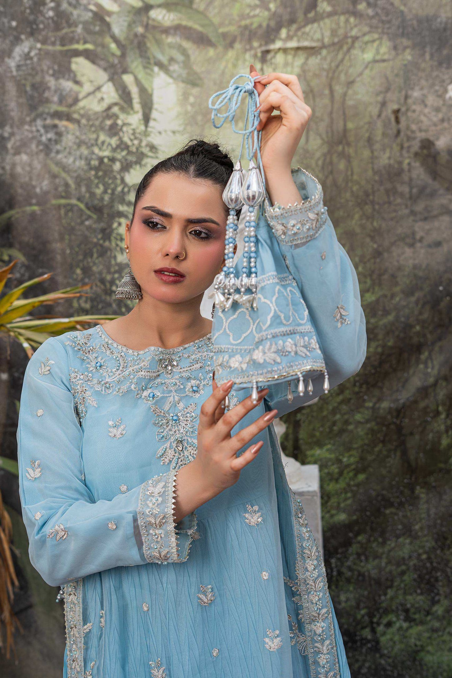 Baby blue | Organza | Embroidered | 4-Piece Suit