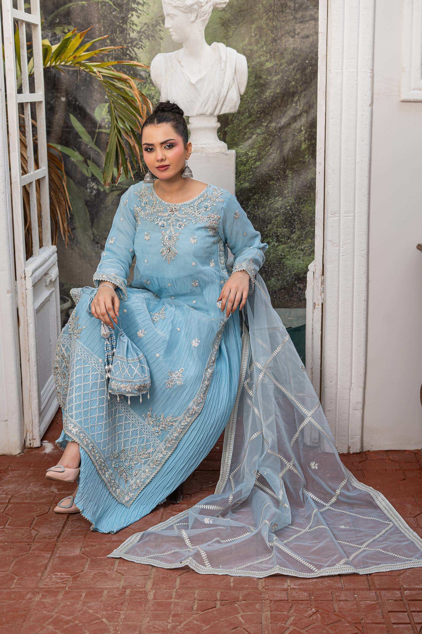 Baby blue | Organza | Embroidered | 4-Piece Suit