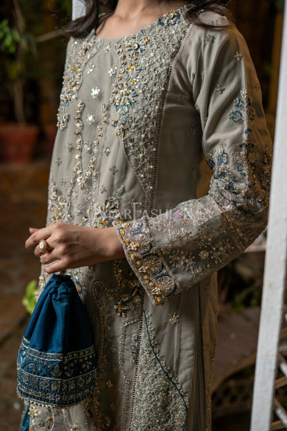 Grey Embroidered Net Luxury Pret Suit with Chiffon Dupatta