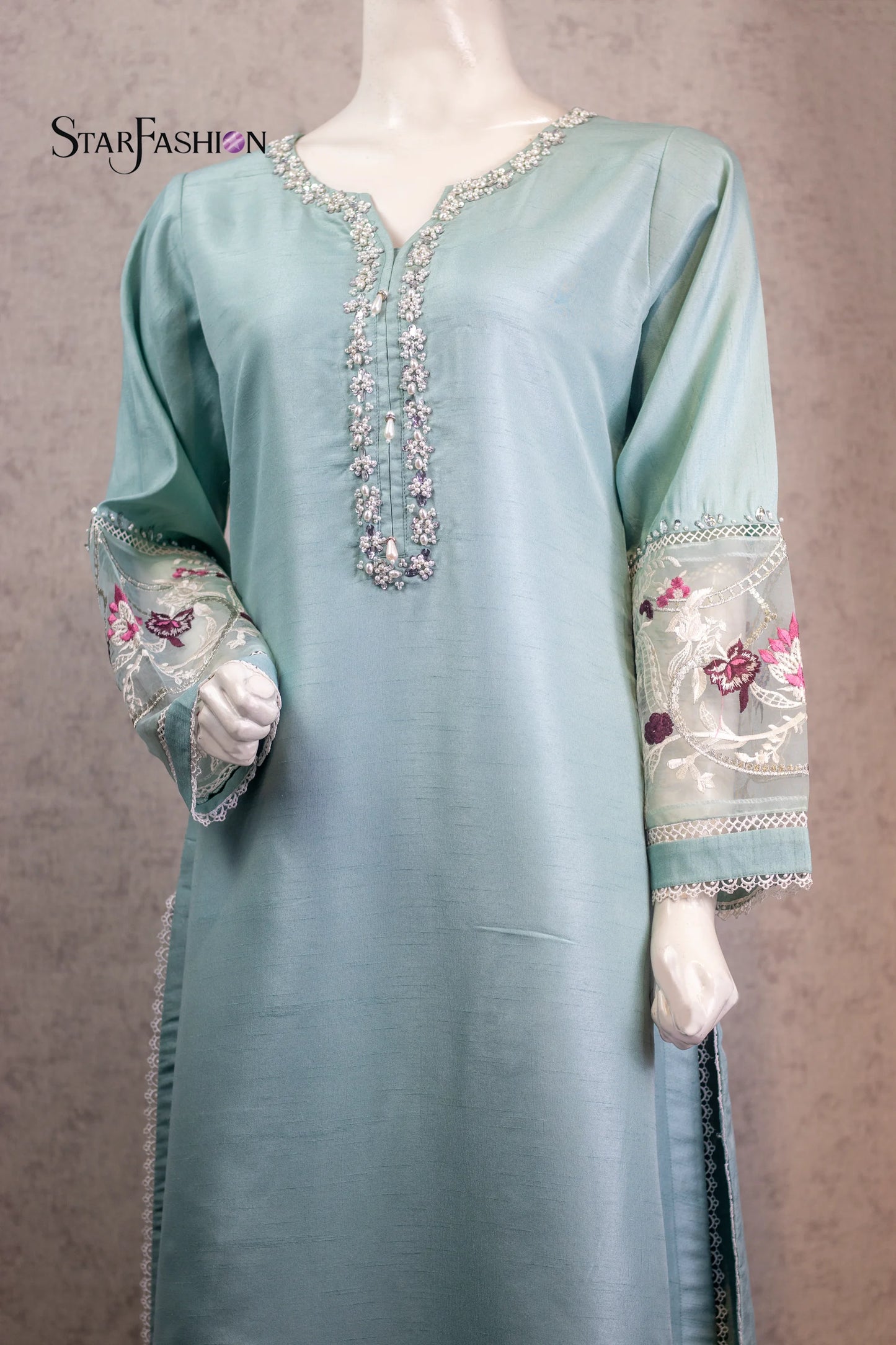 Elegant Silk Ensemble with Embroidered Organza Dupatta