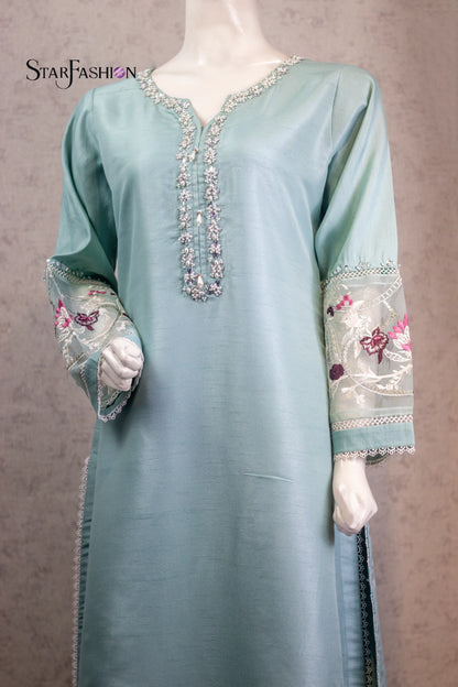Embroidered Straight Khadi Silk Kurta Set with Plazzo & Organza Dupatta