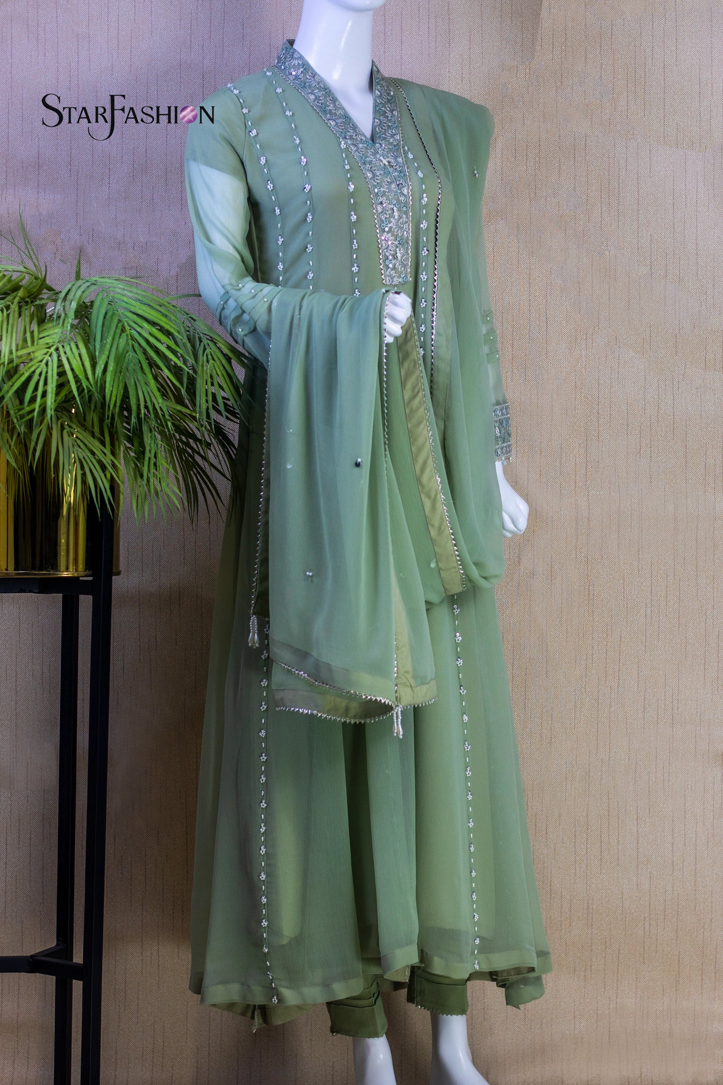 Iridescent Chiffon Ensemble with Silk Trouser & Dupatta