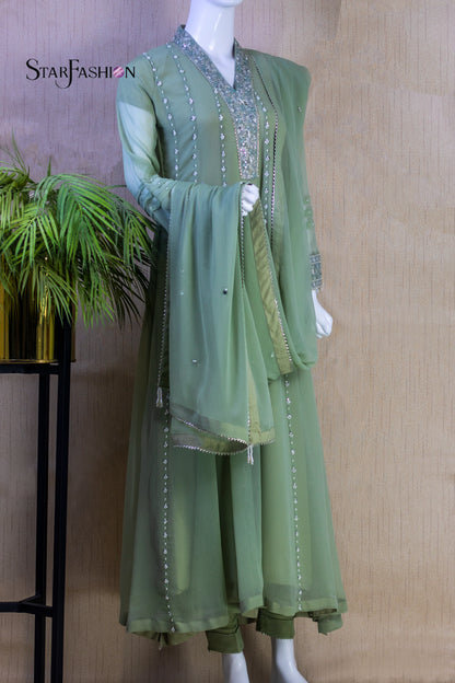 Iridescent Chiffon Ensemble with Silk Trouser & Dupatta