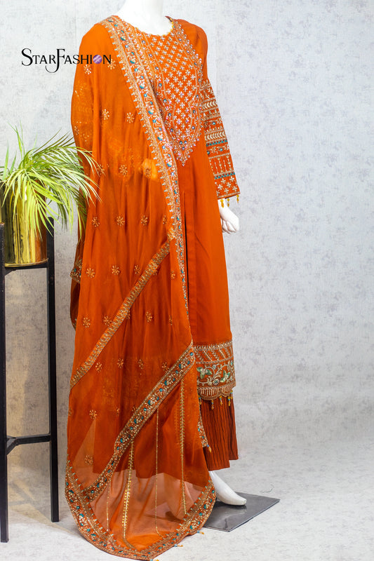 Rust Color Embroidered Silk 3-Piece Dress
