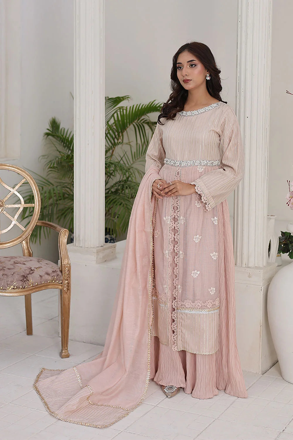 Embroidered Gown Style Chiffon Suit with Net Dupatta