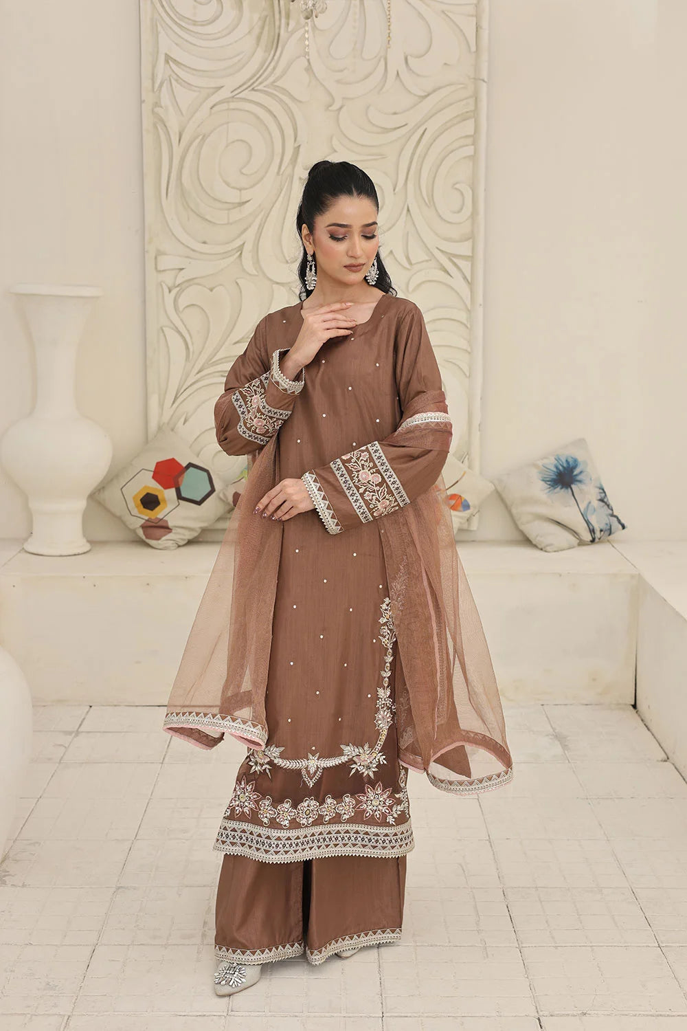 Embroidered Raw Silk Suit with Khaddi Net Dupatta