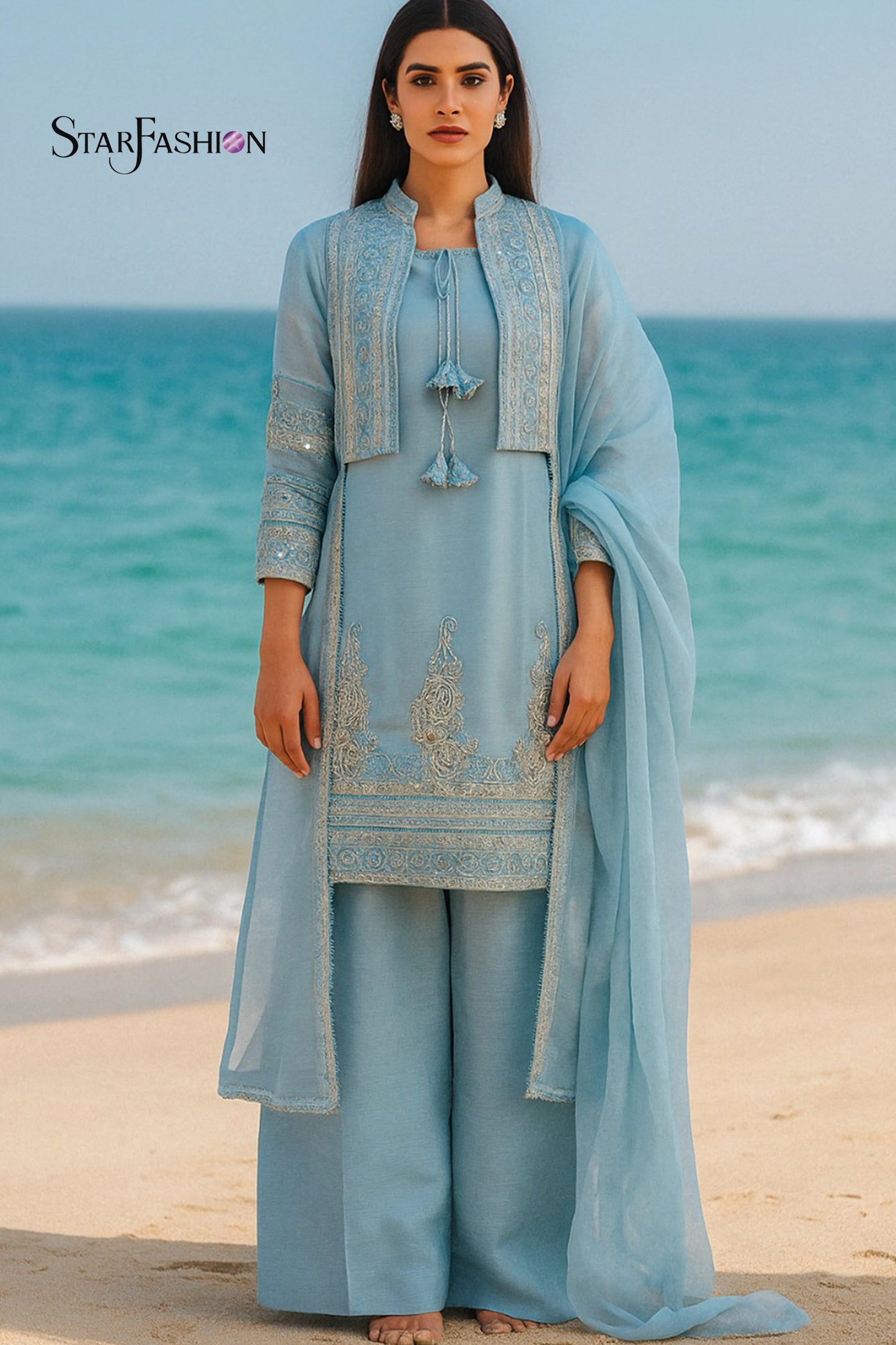Iridescent Silk Waistcoat-Style Outfit with Chiffon Dupatta