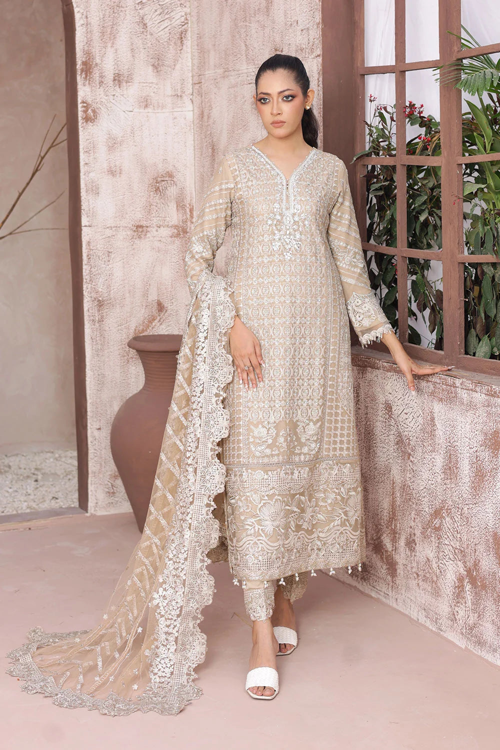 Embroidered Chiffon A-Line Suit with Net Dupatta