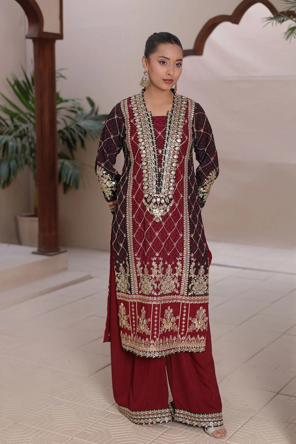 Maroon Chiffon Straight Shirt with Malai Silk Plazzo & Chunri Dupatta