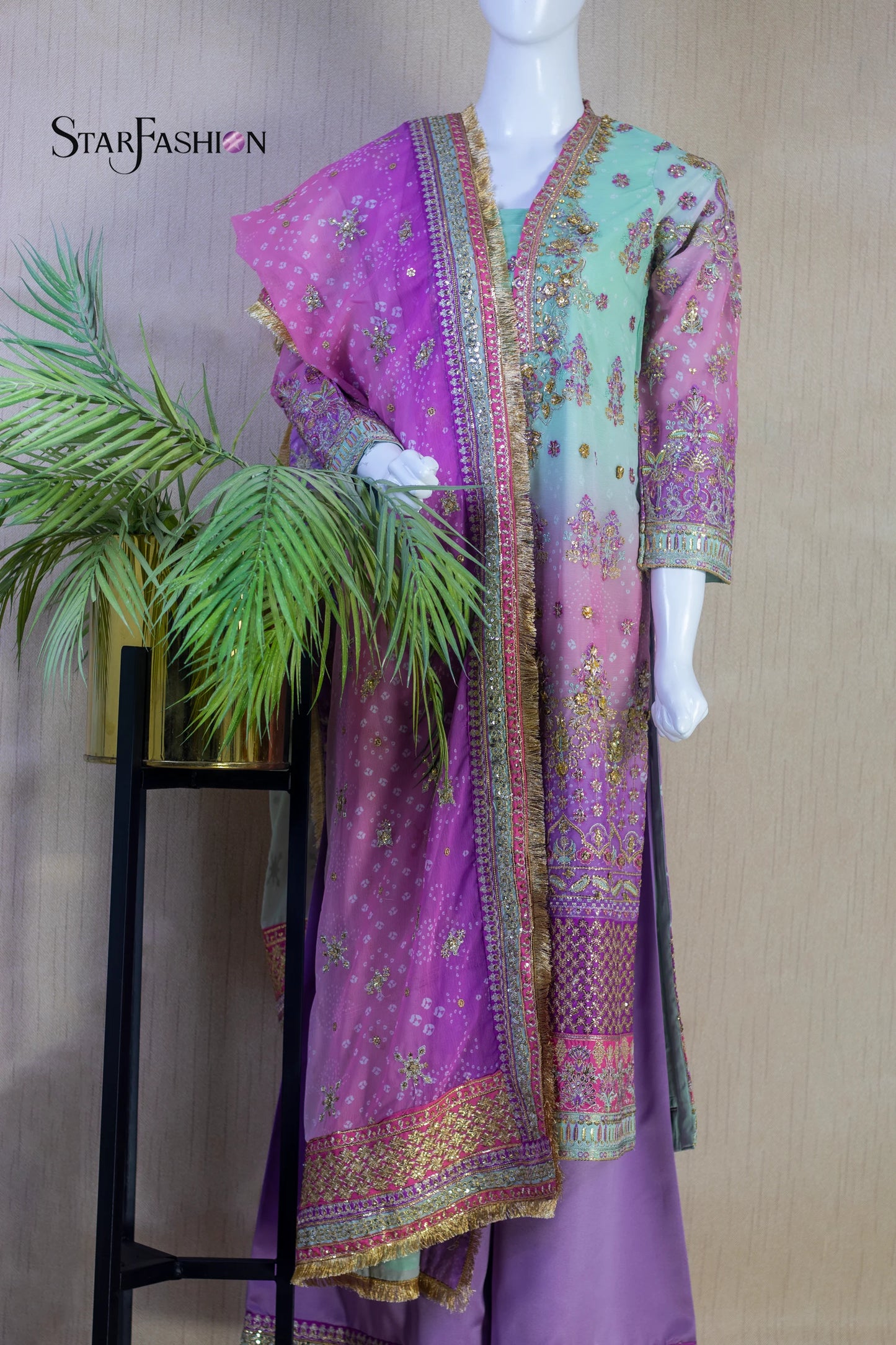 Elegant Chiffon Shirt with Satin Trouser & Matching Dupatta