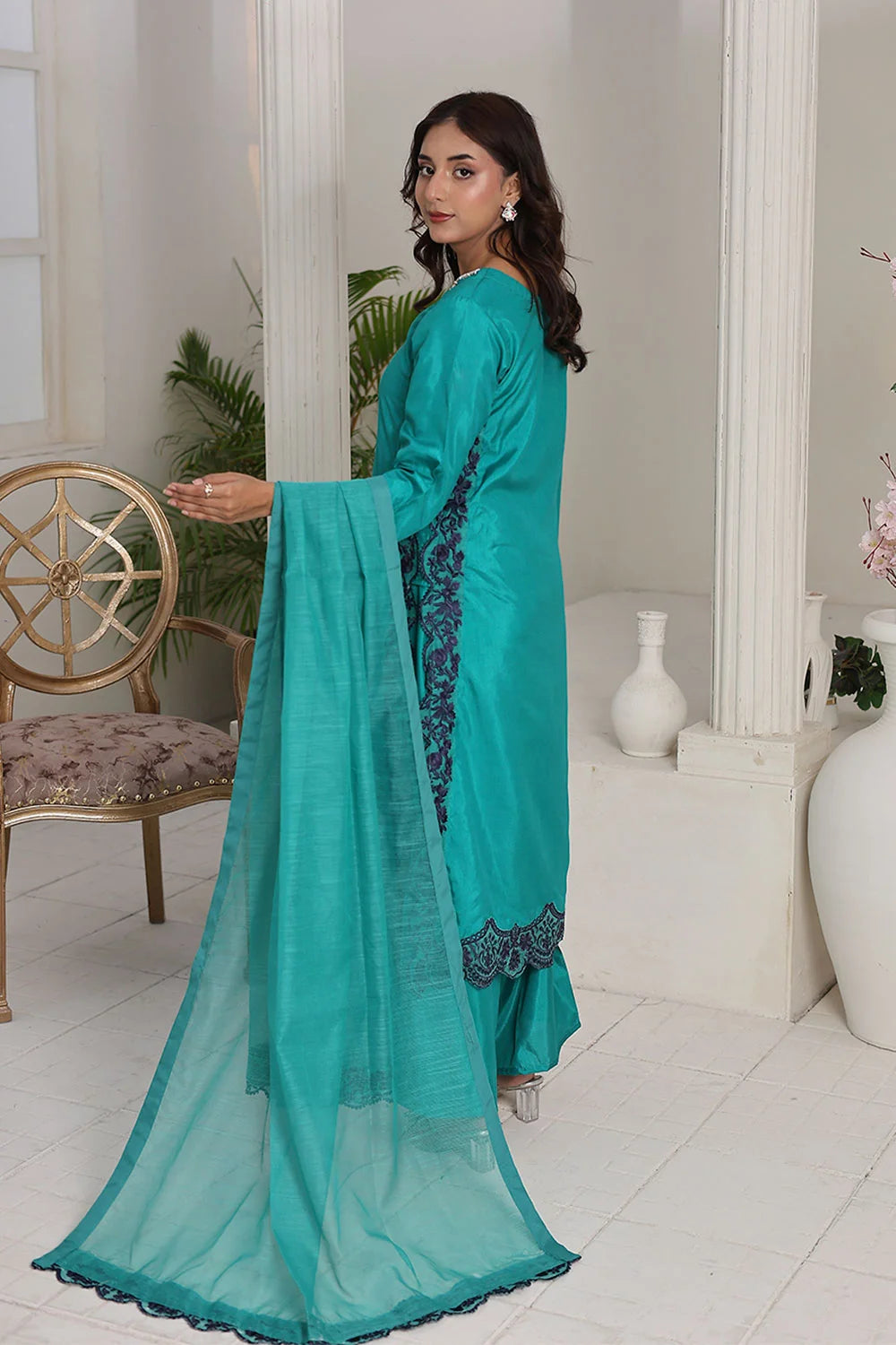 Embroidered Raw Silk Kurta Set with Plazzo & Net Dupatta