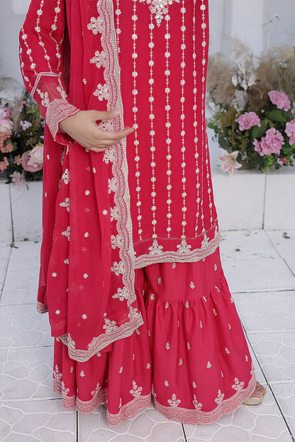 Embroidered Watermelon Kurti Set with Straight-Leg Gharara & Crinkle Chiffon Dupatta