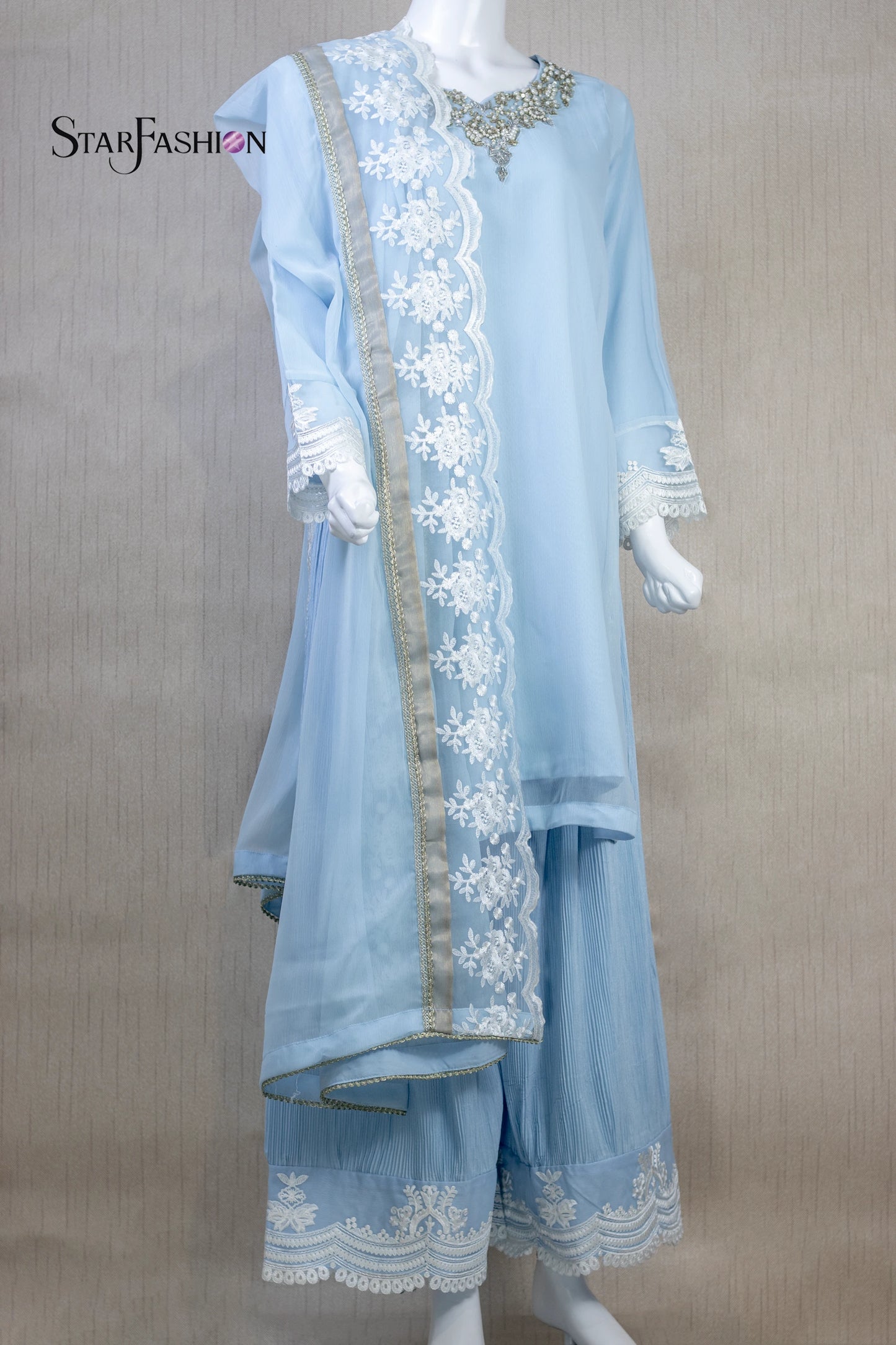 IceBlue Stitched luxury Chiffon Short Shirt with Long Embroidered Dupatta and Crinkle Silk Plazo