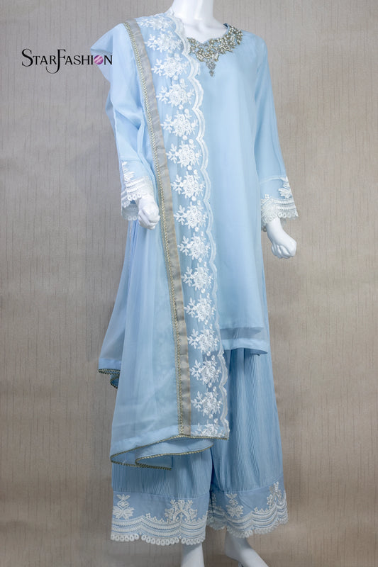 IceBlue Stitched luxury Chiffon Short Shirt with Long Embroidered Dupatta and Crinkle Silk Plazo