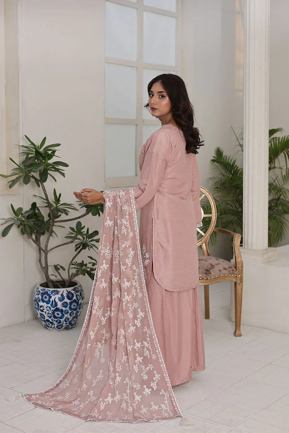 Embroidered Raw Silk Short Kurta Set with Plazzo & Net Dupatta