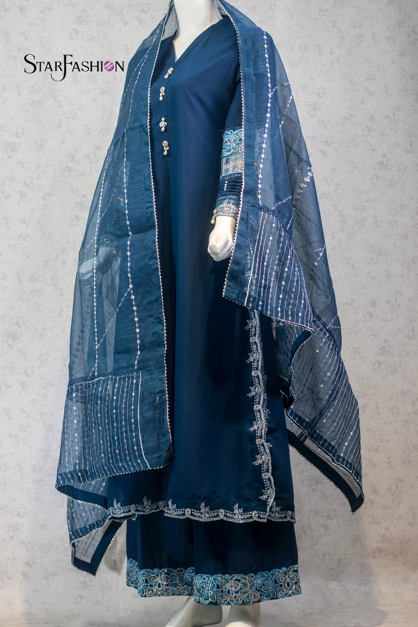 3-Piece Dress with Khaddi Dupatta & Palazzo