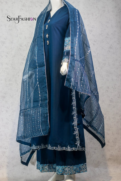 Raw Silk A-Line Kurta Set with Plazzo & Self-Textured Organza Dupatta