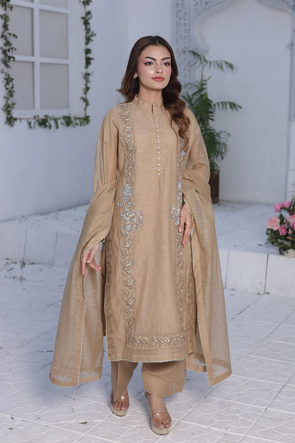 Embroidered Tan Brown A-Line Organza Net Kurta Set with Raw Silk Shalwar & Organza Dupatta