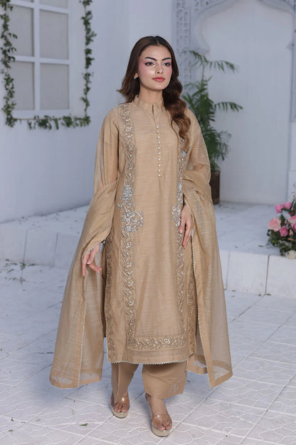 Embroidered Tan Brown A-Line Organza Net Kurta Set with Raw Silk Shalwar & Organza Dupatta