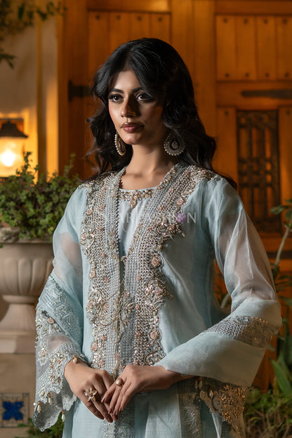 Sky Blue Khaddi Net Coat-Style Embroidered Suit with Dupatta & Palazzo