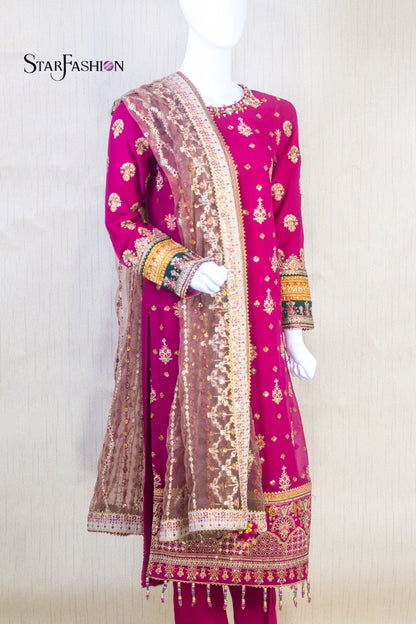 Embroidered Chiffon Straight Suit with Net Dupatta & Silk Trouser