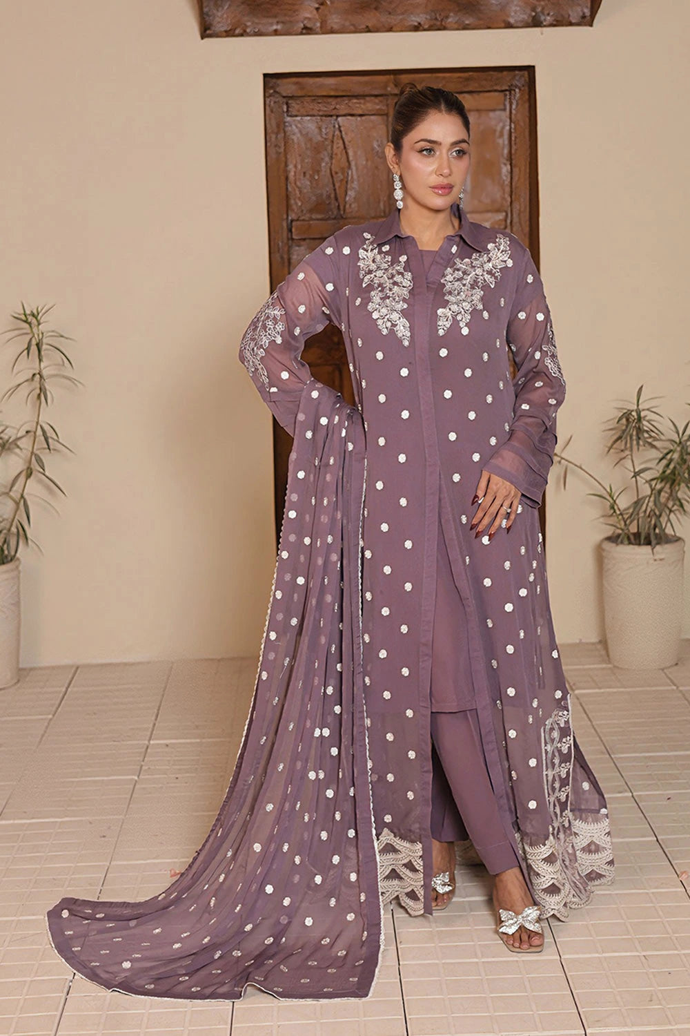 Dusty Mauve Chiffon Gown with Malai Silk Trouser & Embroidered Dupatta