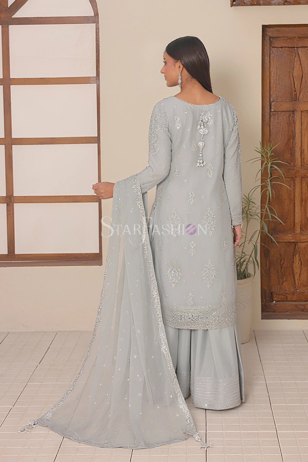 Embroidered Bemberg Crinkle Chiffon Kurta Set with Wide-Leg Sharara & Crinkle Chiffon Dupatta