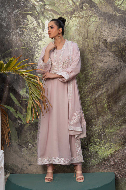 Baby pink | Chiffon | Embroidered | 4-Piece Suit