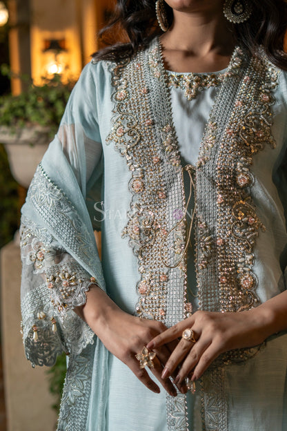 Sky Blue Khaddi Net Coat-Style Embroidered Suit with Dupatta & Palazzo